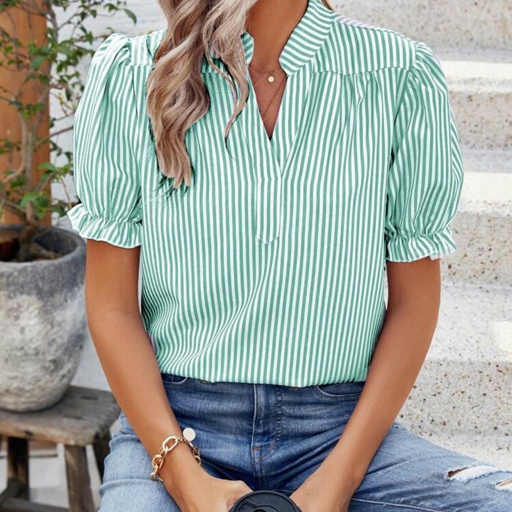 New Green Striped short sleeve Top